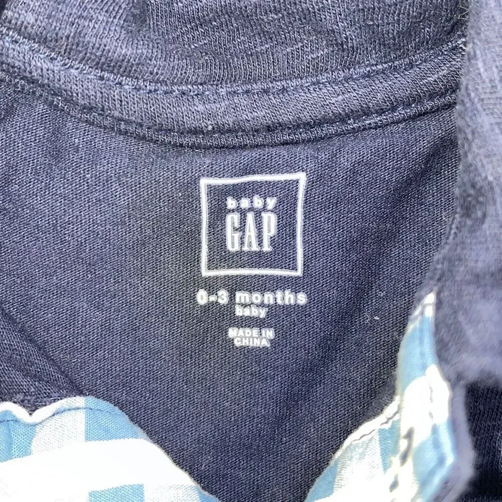 Baby Gap Blue Gingham Romper Polo & Old Navy White Printed Bodysuit Set Sz 3 Mos